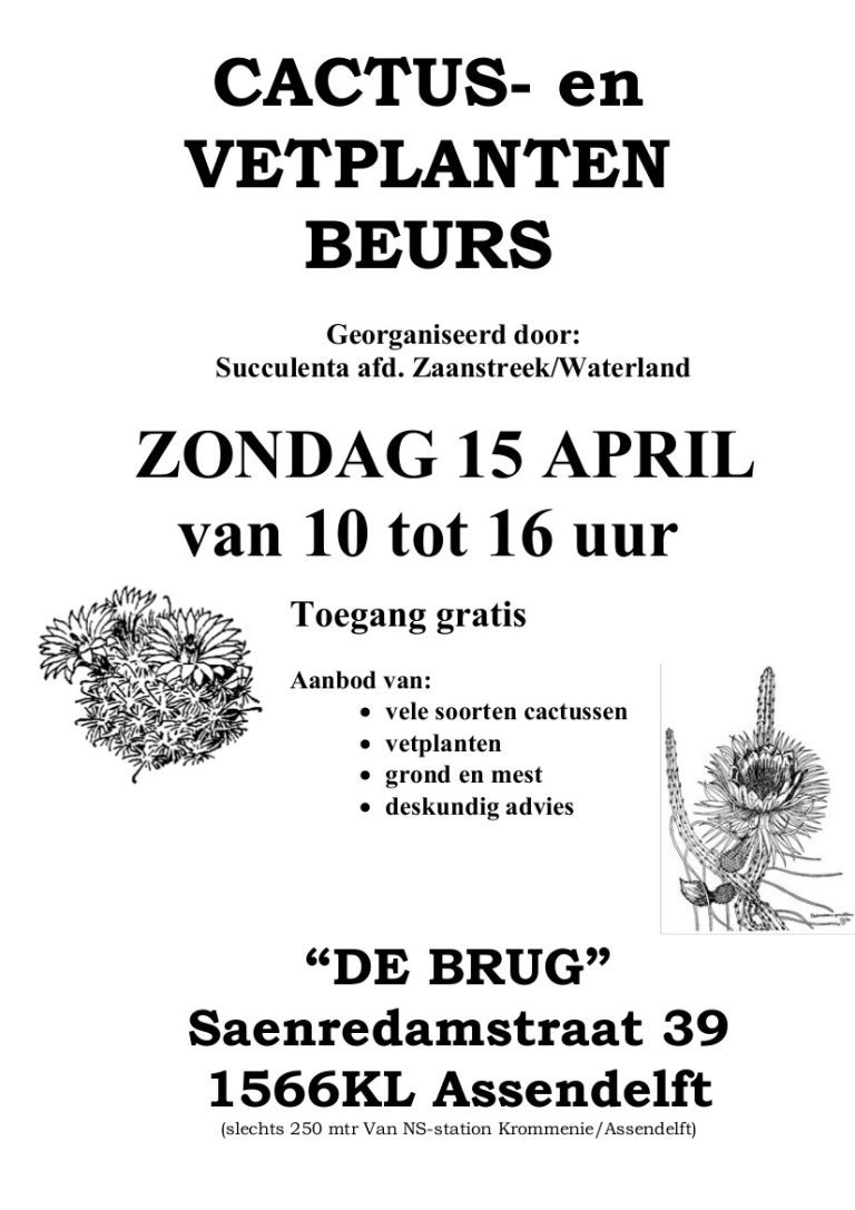 Zondag 15 april: Cactus- en vetplantenbeurs afd. Zaanstreek-Waterland